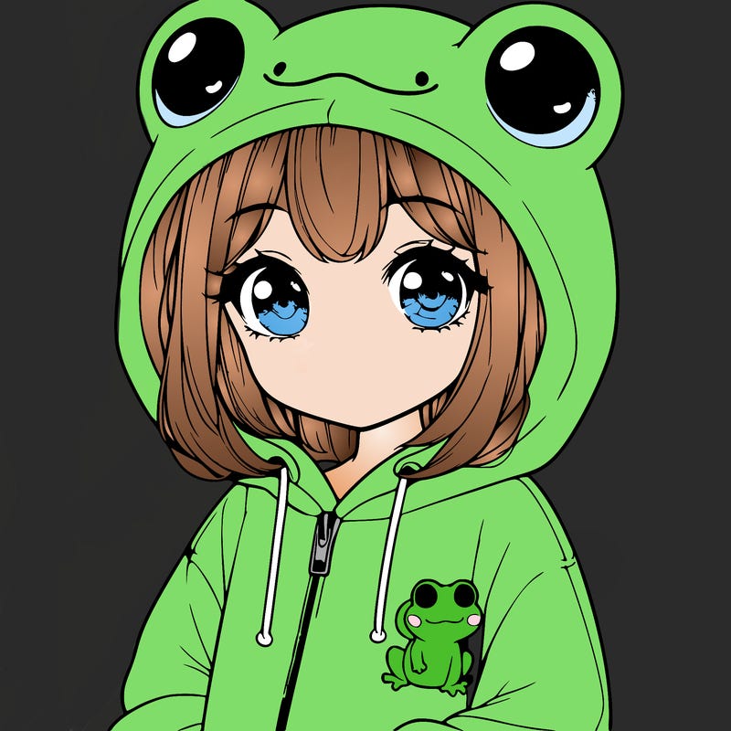 cute realistic girl in a froggy hoodie