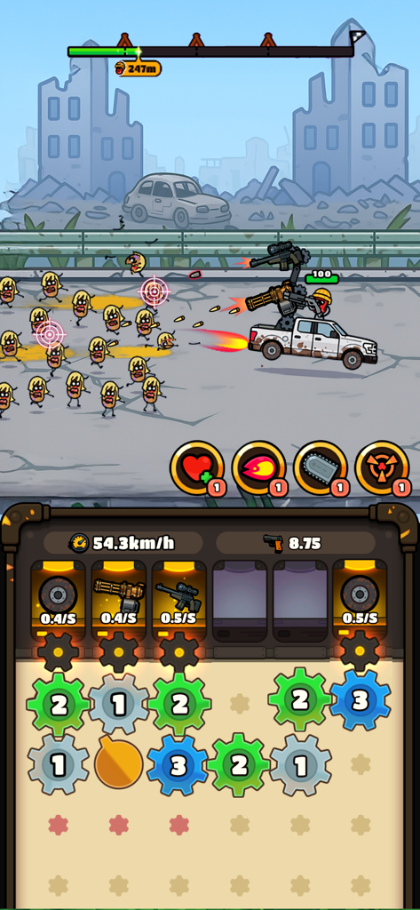 Gameplay of Gear Truck showing a weaponized truck fighting zombies and a puzzle grid for merging gears
