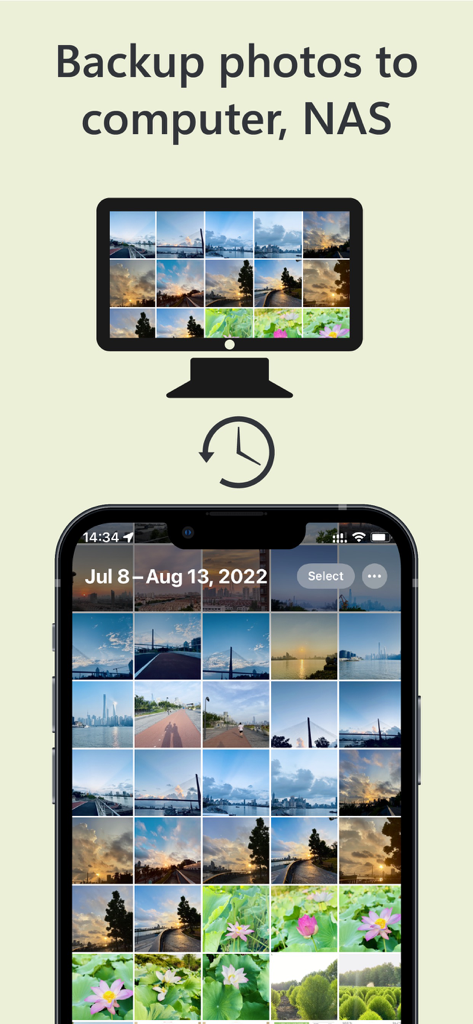 Owlfiles app interface showing the process of backing up photos from a smartphone to a computer and NAS storage