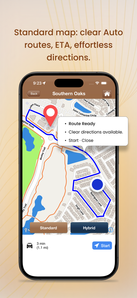 Villages GPS app interface showing a navigation route on a map