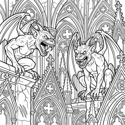 Dive into a world of ancient mystery with our Fanged Gargoyles Gothic coloring page, showcasing two menacing creatures perched atop an intricate gothic cathedral. This detailed illustration invites you to explore the darker side of fantasy, perfect for those who appreciate architectural grandeur and mythical beasts.
