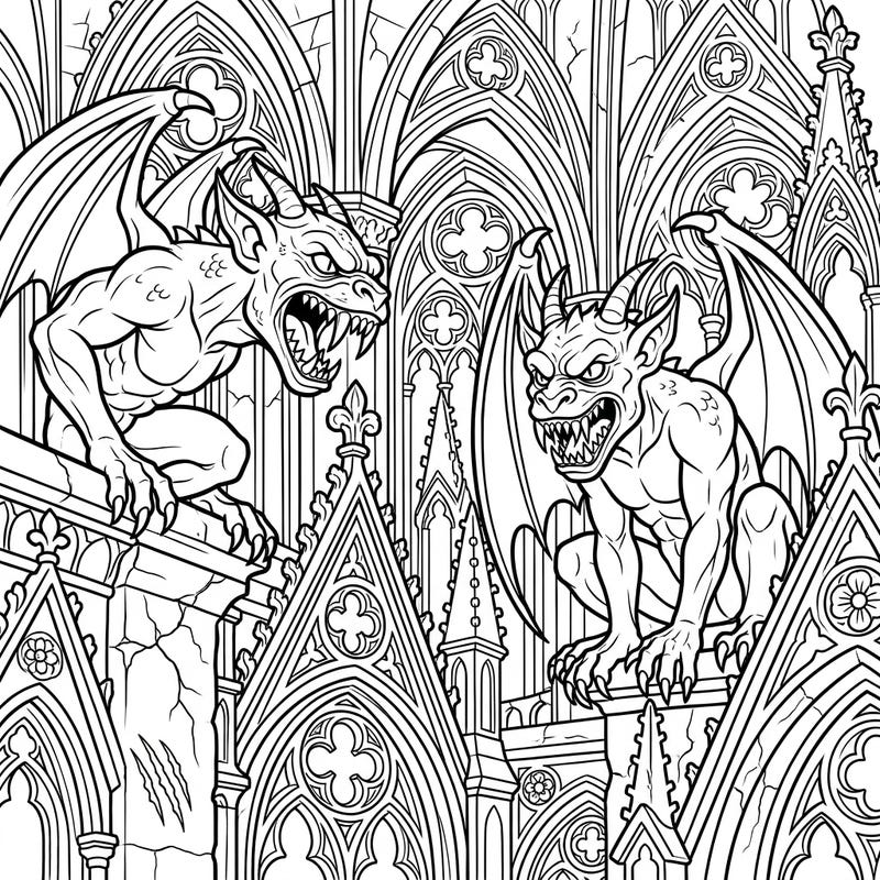 Dive into a world of ancient mystery with our Fanged Gargoyles Gothic coloring page, showcasing two menacing creatures perched atop an intricate gothic cathedral. This detailed illustration invites you to explore the darker side of fantasy, perfect for those who appreciate architectural grandeur and mythical beasts.