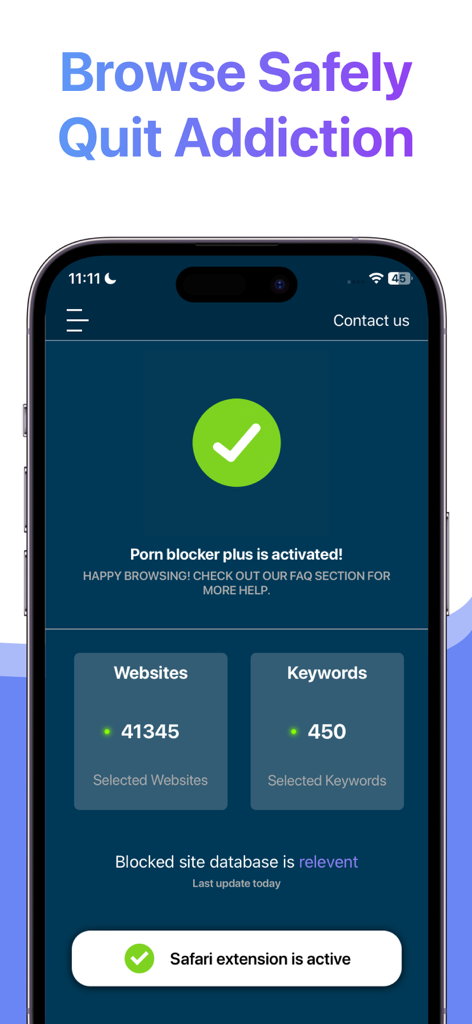 Porn Blocker Plus - for Safari - Tela do smartphone mostrando o aplicativo Porn Blocker Plus ativado com o status da extensão Safari e estatísticas de conteúdo bloqueado.