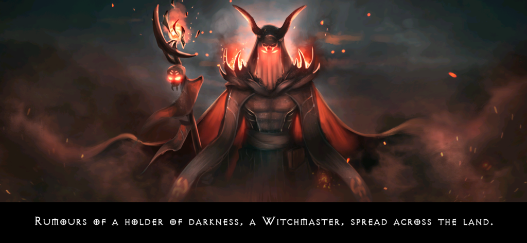 Vampires Fall Origins RPGの、光る赤い目とスカルスタッフを持つWitchmasterキャラクターのダークファンタジーイラスト