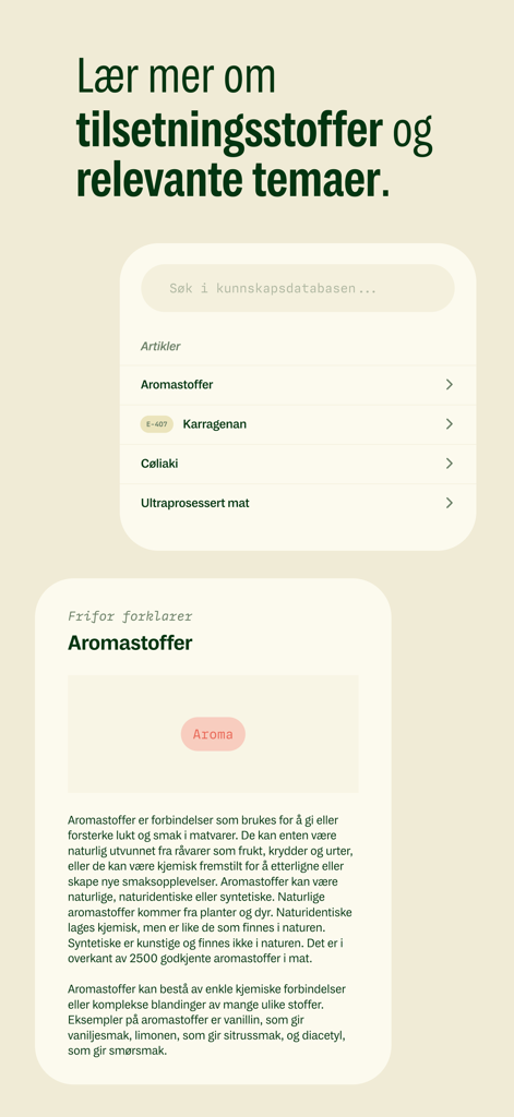 Educational articles about food additives and ingredients in the Frifor app knowledge database
