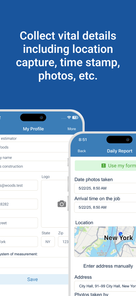 Construction Manager App - Interface of the Construction Manager app showing a daily report form with GPS location and time stamps
