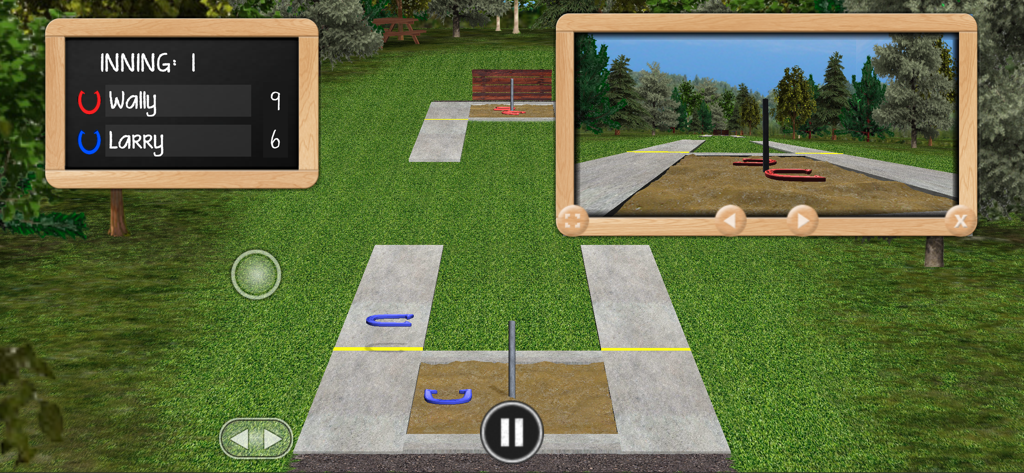 Horseshoe Pitch-A-Rama - A realistic digital horseshoe pitching game showing the scoreboard and 3D court