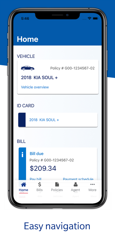 Bristol West Insurance - Bristol West Insuranceモバイルアプリのホーム画面。車両の詳細、デジタルIDカード、請求支払い情報が表示されています。