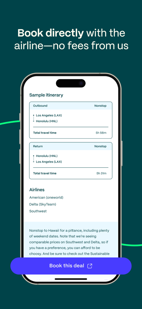 A flight deal itinerary for a trip from Los Angeles to Honolulu showing direct booking options in the Going app