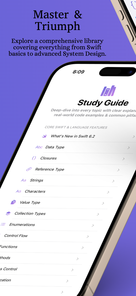 Interview Genie - 클로저와 데이터 타입을 포함한 Swift 언어 주제 목록이 있는 iOS 인터뷰 학습 가이드 인터페이스