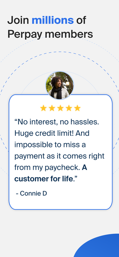 Five star customer testimonial for Perpay highlighting automatic paycheck deductions and no interest