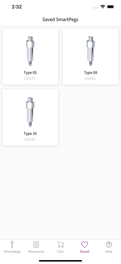 Interface montrant une liste de types de SmartPeg dentaires enregistrés pour un accès rapide dans l'application Osstell.