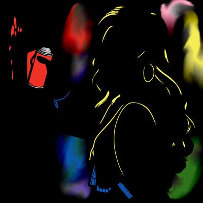 realistic girl with mask spray painting a wall