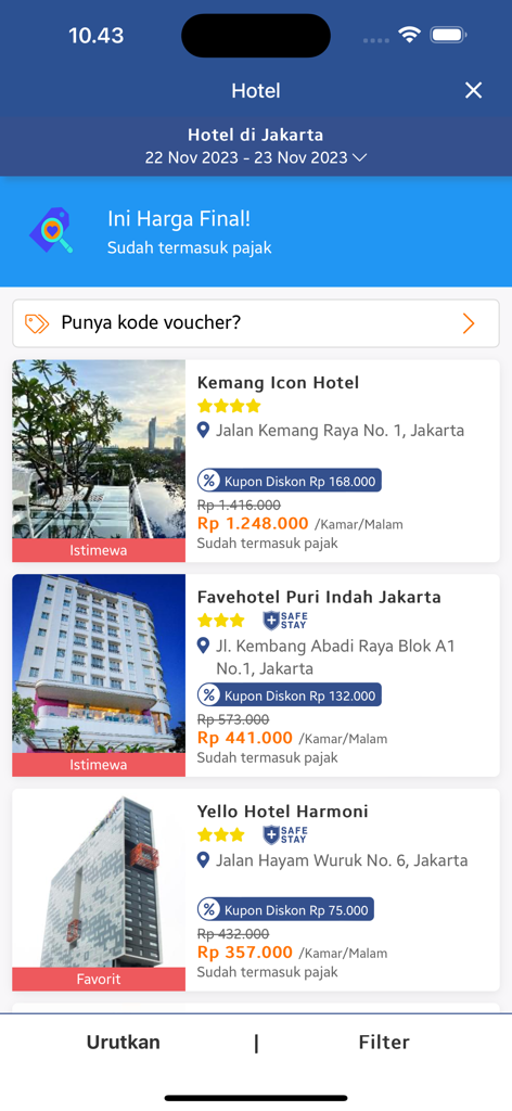 App móvel Hotel Murah mostrando resultados de busca de hotéis em Jacarta com preços e cupons de desconto.