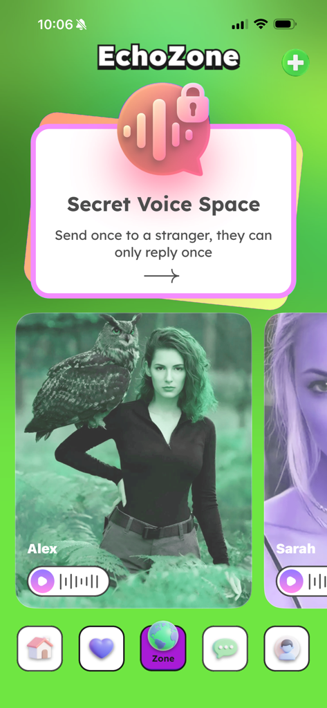 Taggo - Adult Companion，Chat - Taggoアプリのエコーゾーン画面。見知らぬ人との匿名ボイスメッセージのためのシークレットボイススペースを特徴としている。