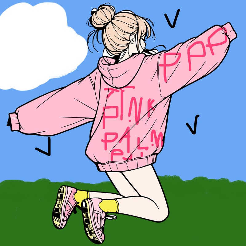 realistic girl jumping with a bun and oversized sweatshirt