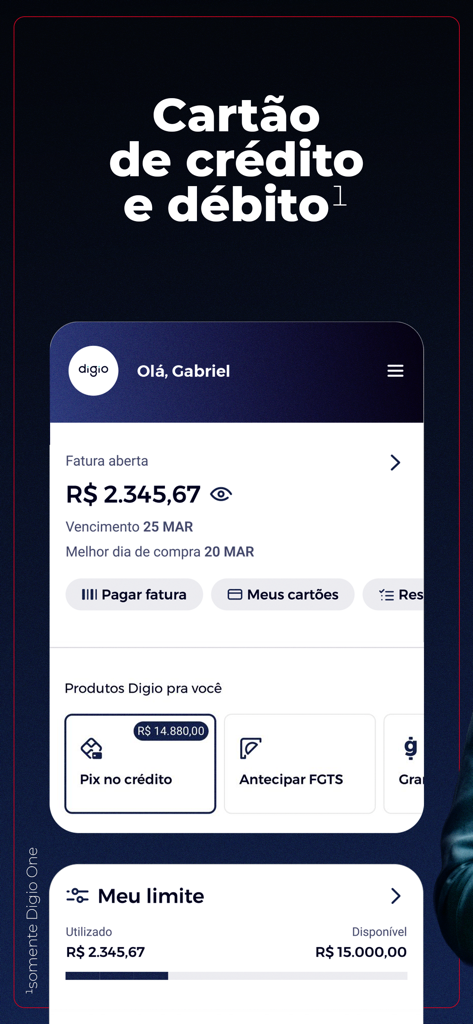 Digio mobile app interface showing credit card balance, Pix options, and credit limit