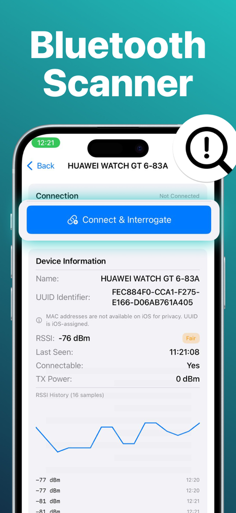 Detailed view of a Bluetooth device showing UUID and signal strength history