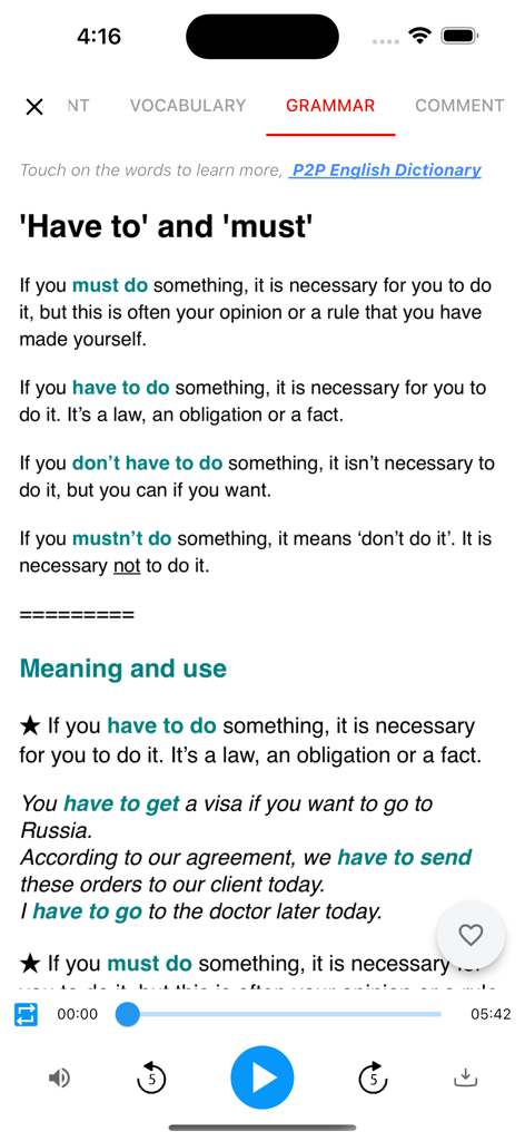 English Grammar - 6mins - have toとmustに関する英語文法レッスンを表示するモバイルアプリ画面