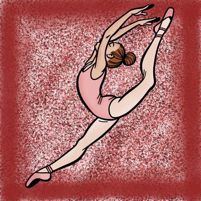 gymnast doing a leap in a leotard with a bent back leg
