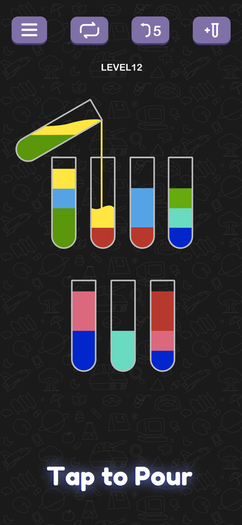 Screenshot di gioco di Water Sort Puzzle che mostra liquidi colorati versati in tubi di vetro per ordinarli per colore