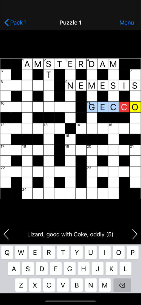 Cryptic Crossword - Gameplay screen of Cryptic Crossword showing a puzzle grid with clues and errors highlighted.