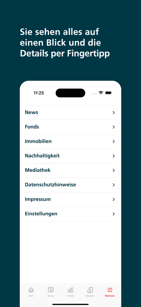 Main menu of the Deka Immobilienfonds app showing news funds and real estate categories