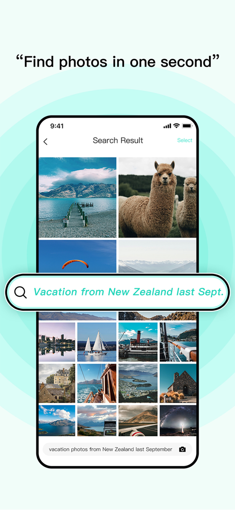 뉴질랜드 여행 쿼리에 대한 AI 사진 검색 결과를 보여주는 스마트폰 화면