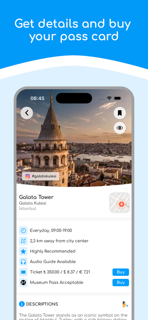 Turkey Travel Guide & Planner - トルコ旅行ガイドアプリのガラタ塔の情報ページ。チケット価格やミュージアムパスのオプションが表示されています。
