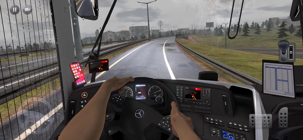 First person cockpit view of a Mercedes Benz bus driving on a highway in rainy weather within the Bus Simulator Ultimate mobile game