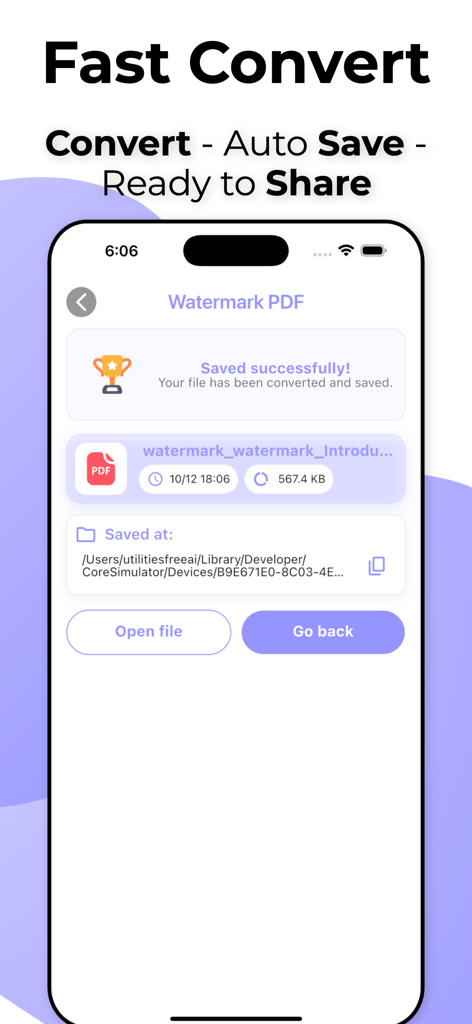 PDF Converter , word to pdf - A confirmation screen in the PDF Converter app showing a file has been converted and saved successfully