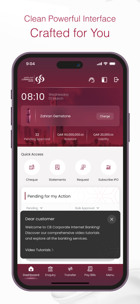 CB Corporate Banking - CB Corporate Banking app dashboard showing account balance and pending approvals