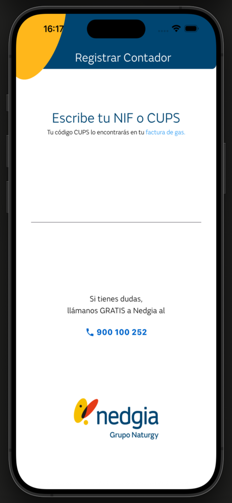 YoLeoGas - YoLeoGas app registration screen for gas meter NIF and CUPS entry
