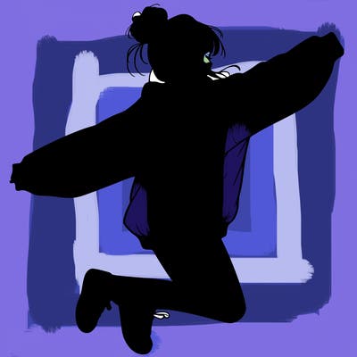 realistic girl jumping with a bun and oversized sweatshirt