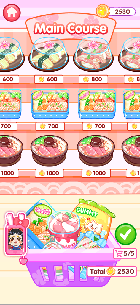 Cakeland: Mukbang ASMR - Cakeland 먹방 ASMR 게임 플레이 화면으로, 스시와 도시락이 있는 슈퍼마켓 메뉴와 음식물이 담긴 장바구니가 보입니다.