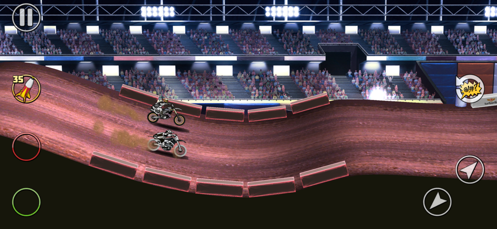 Mad Skills Motocross 2 - Side-scrolling motocross racing between two riders in a crowded stadium