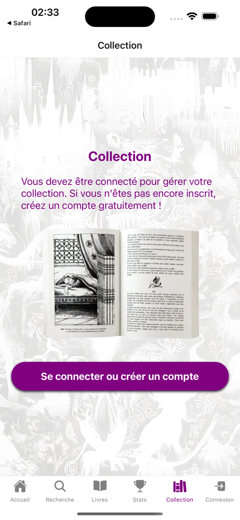 Pantalla de inicio de sesión para gestionar una colección personal de librojuegos en la aplicación Collection LDVELH