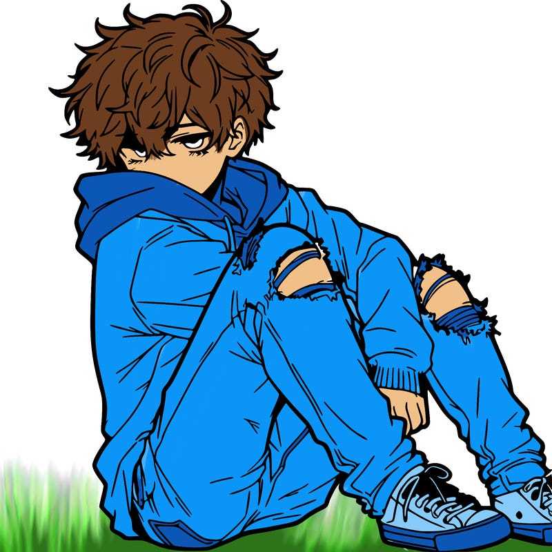 a male hoddie ripped jeans messy hair anime