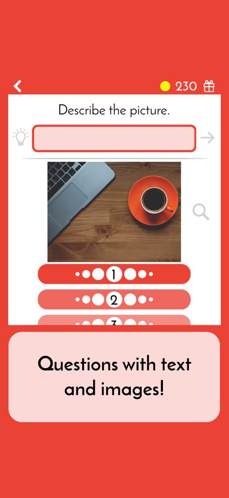 A screenshot of a Guess 5 trivia level asking to describe a picture of a laptop and coffee