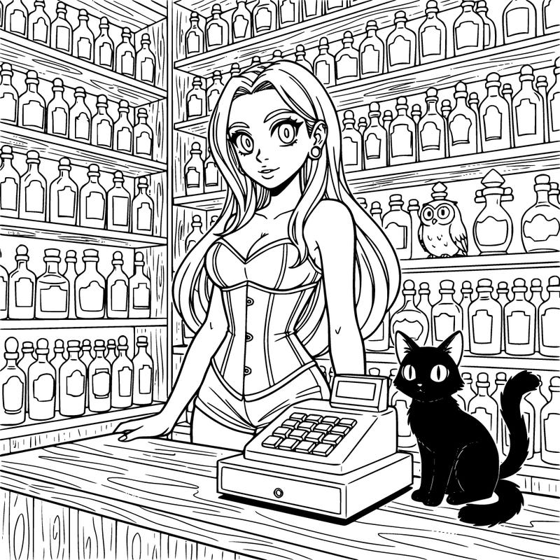 a coloring page with blank white spaces of a girl with long hair, no bangs, she has a septum piercing and 00g ear piercings. she wears a corset and shorts. girl is in a potion shop filled with bottles of magical potions filling the shelves. in front of her is a check out stand made of wood and a cash register but no one else is present. the feeling of the coloring page is magic, mystic, mysterious, witchy. highly detailed