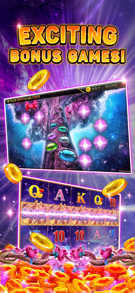 A vibrant screen showcasing fantasy-themed bonus games and five-reel slot machine gameplay with gold coins