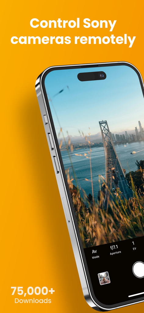 ProCam – Sony Camera Remote - Pantalla de iPhone mostrando la aplicación ProCam para control remoto de cámara Sony con exposición manual y ajustes de apertura