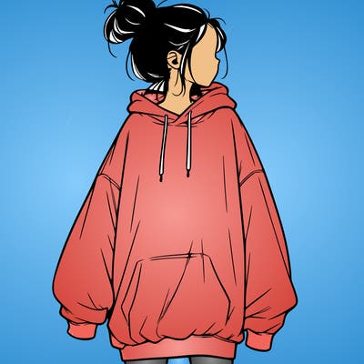 realistic girl with a oversized sweatshirt on and a bun