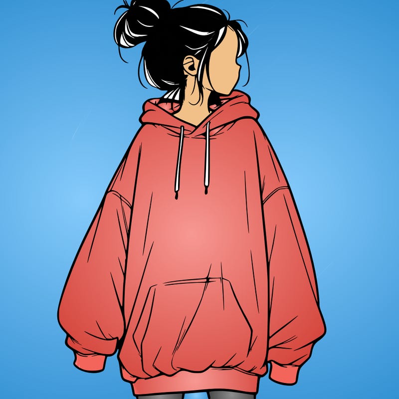 realistic girl with a oversized sweatshirt on and a bun