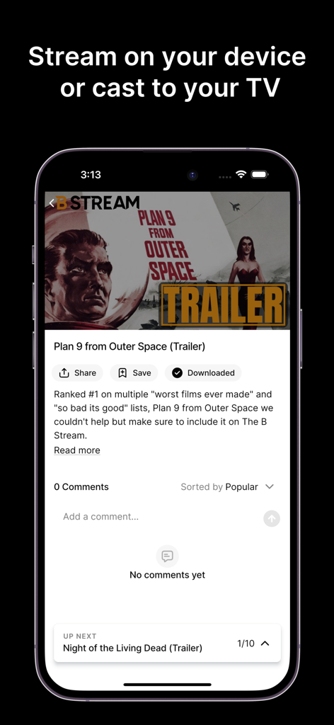 The B Stream - The B Stream app interface showing movie details and description for the cult classic Plan 9 from Outer Space.
