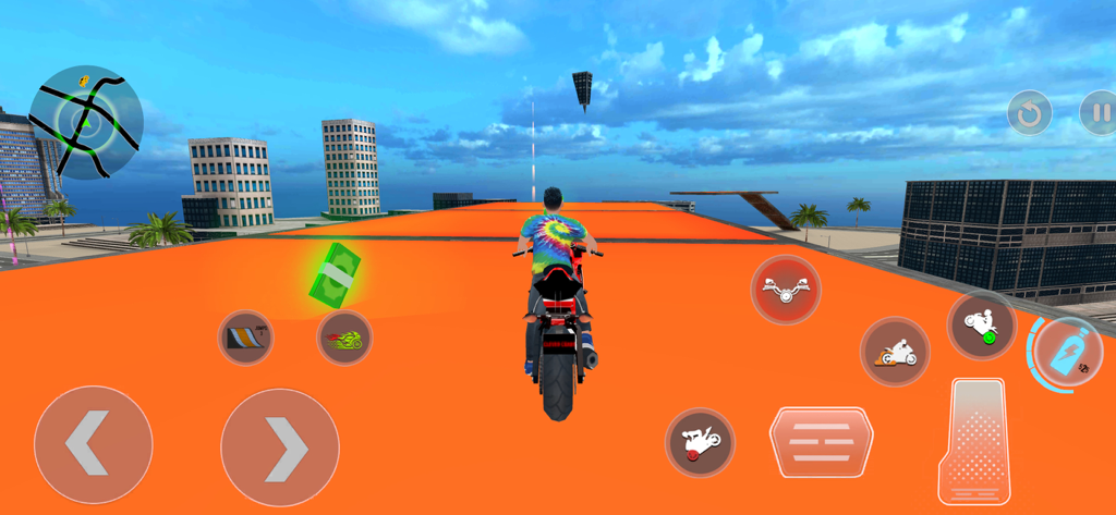 Motociclista sobre una plataforma naranja en lo alto de una ciudad en Open World Bike Driving City.