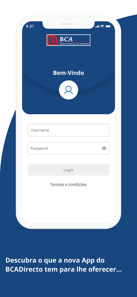 Login screen of the BCADirecto Mobile app for Banco Comercial do Atlantico showing username and password fields.