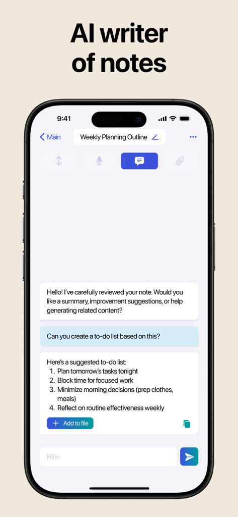 Notebook: Note Taking - AI chatbot interface in Notebook app generating a to-do list from a planning outline