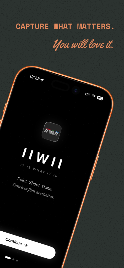 Onboarding screen of the IIWII minimalist film camera app on an iPhone
