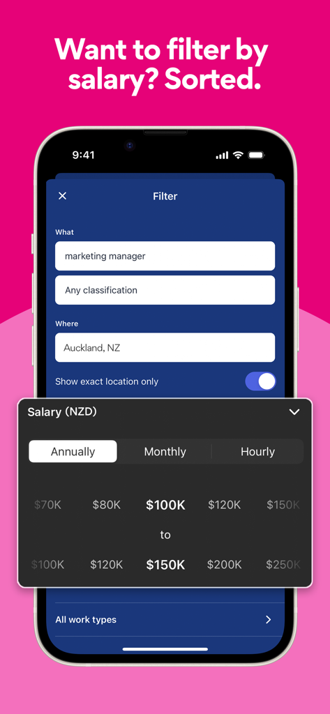 SEEK Jobs Search & Employment - Interfaz de la aplicación SEEK mostrando el filtro de rango salarial para un puesto de gerente de marketing en Auckland, Nueva Zelanda.
